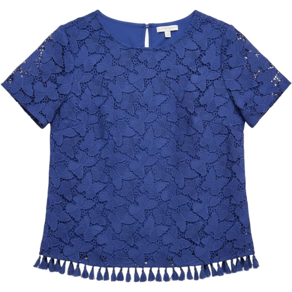RSVP by Talbots Blue Floral Lace Tassel Hem Bow Back Blouse Top Size L